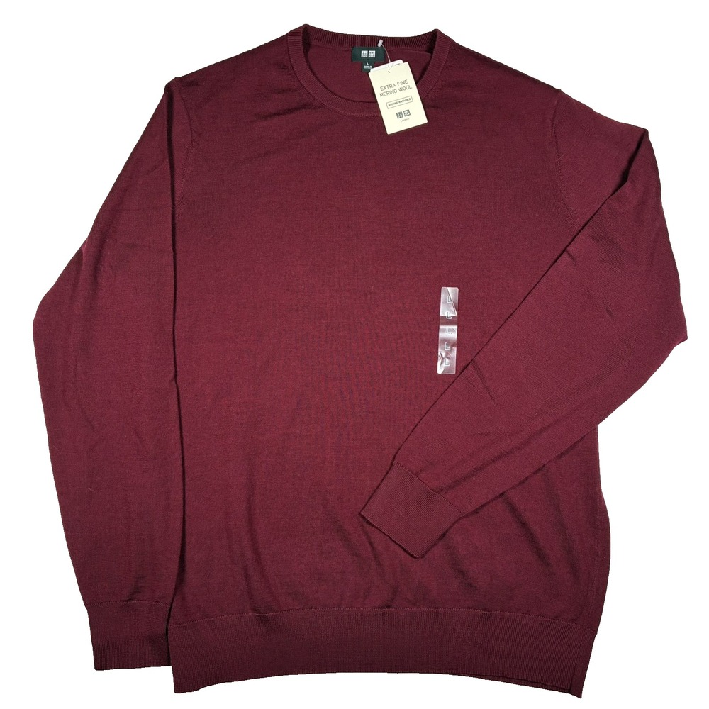 Uniqlo Extra Fine Merino Wool Crewneck Sweater Mens L Burgundy Preppy Minimalist
